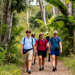 Caribbean Holidays, January Birdwatching, Guided birdwatching group walking along a forest trail in the Dominican Republic