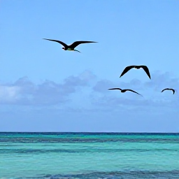 Caribbean Holidays, January Birdwatching, Magnificent frigatebirds soaring above Barbuda coastline and lagoon, clear January sky and turquoise sea