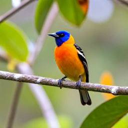 Caribbean Holidays, January Birdwatching, Montserrat oriole perched on a branch in the Centre Hills rainforest, detailed tropical foliage and soft morning light