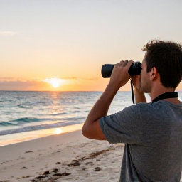 Caribbean Holidays, January Birdwatching, Peaceful white-sand beach near a nature reserve in the Turks and Caicos Islands, with a visitor carrying binoculars and a warm January sunset