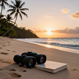 Caribbean Holidays, January Birdwatching, Quiet Antigua beach at sunset with binoculars resting beside a field guide, palms and gentle sea