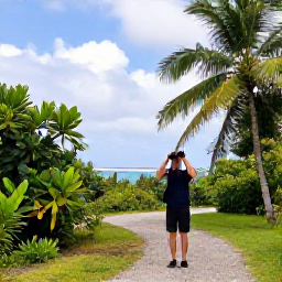 Caribbean Holidays, January Birdwatching, Quiet Caribbean birdwatching trail with binoculars, sea views and tropical vegetation in January