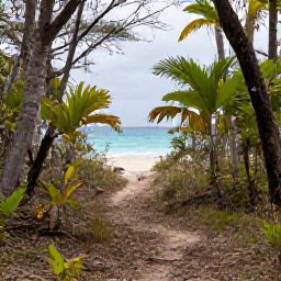 Caribbean Holidays, January Birdwatching, Quiet Caribbean nature trail through dry woodland leading towards a sandy bay on St John, US Virgin Islands