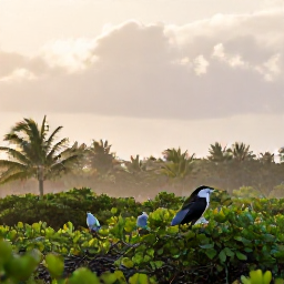 Caribbean Holidays, January Birdwatching, Quiet Caribbean wetland at sunrise in the Cayman Islands, with native birds perched among mangroves and palms
