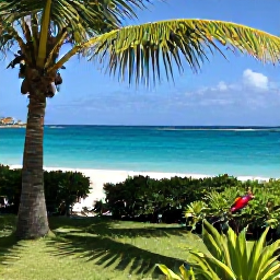 Caribbean Holidays, January Birdwatching, Relaxed birdwatching beside a tropical garden near a Caribbean beach on Saint Martin, with palms and bright blue sea