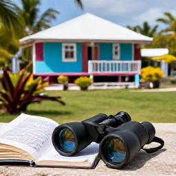 Caribbean Holidays, January Birdwatching, Relaxed birdwatching holiday scene in Cura&ccedil;ao, with binoculars, field guide and tropical garden near a colourful local guesthouse