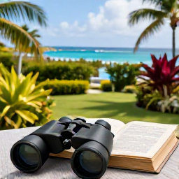 Caribbean Holidays, January Birdwatching, Relaxed birdwatching holiday scene in Saint Kitts and Nevis with binoculars, field guide, tropical garden and Caribbean sea