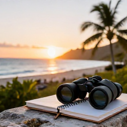 Caribbean Holidays, January Birdwatching, Relaxed birdwatching holiday scene with binoculars, notebook and tropical coastline at sunrise on Saint Martin