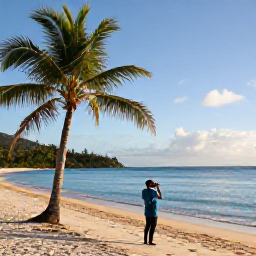 Caribbean Holidays, January Birdwatching, Relaxed birdwatching morning beside a Caribbean beach in the British Virgin Islands, with binoculars, palms and calm blue water