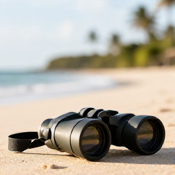 Caribbean Holidays, January Birdwatching, Relaxed Caribbean holiday scene in Trinidad and Tobago with binoculars, warm sunshine and a quiet beach