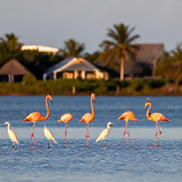 Caribbean Holidays, January Birdwatching, Roseate flamingos and white egrets beside calm lagoons in Antigua, warm January morning light