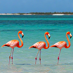 Caribbean Holidays, January Birdwatching, Roseate flamingos wading through shallow turquoise water at a Turks and Caicos wetland in bright January sunshine