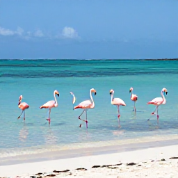 Caribbean Holidays, January Birdwatching, Roseate flamingos wading through shallow turquoise water in the Turks and Caicos Islands, with white sand and a clear blue January sky