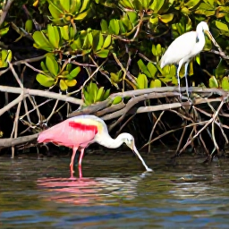 Caribbean Holidays, January Birdwatching, Roseate spoonbill and herons feeding in a calm mangrove lagoon on Saint Martin in warm January sunshine