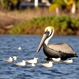 Caribbean Holidays, January Birdwatching, Roseate terns, brown pelicans and other Caribbean birds resting around a calm coastal lagoon on Saint Martin in warm January sunshine