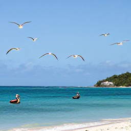 Caribbean Holidays, January Birdwatching, Roseate terns, brown pelicans and other seabirds flying above a bright Caribbean shoreline in the US Virgin Islands during January