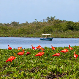 Caribbean Holidays, January Birdwatching, Scarlet ibis gathered among mangroves in the Caroni Swamp, Trinidad, with a small boat nearby