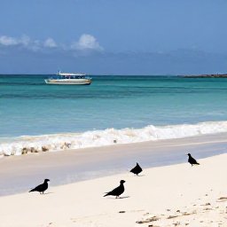 Caribbean Holidays, January Birdwatching, Seabirds and shorebirds along a quiet Caribbean beach in the Grenadines, with turquoise water and small boats offshore