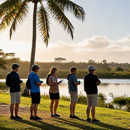 Caribbean Holidays, January Birdwatching, Small group birdwatching beside an Antigua wetland, binoculars, guide and palms in warm morning sunshine