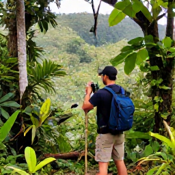 Caribbean Holidays, January Birdwatching, Tropical birds and a birdwatcher in the green rainforest of Tobago near the Main Ridge