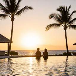 Caribbean Holidays, January Bonaire Holidays, Couple enjoying a relaxed sunset beside a Caribbean resort pool, with palm trees and warm evening light