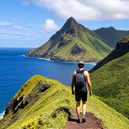 Caribbean Holidays, January Bonaire Holidays, Hiker on a green mountain trail on Saba overlooking dramatic Caribbean cliffs and deep blue sea