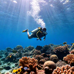 Caribbean Holidays, January Bonaire Holidays, Scuba diver exploring a healthy coral reef in clear Bonaire water, with colourful fish and sunlight filtering from above
