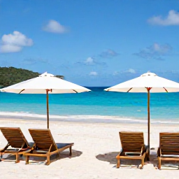 Caribbean Holidays, January British Virgin Islands, Adults-only beachfront resort on Tortola in the British Virgin Islands, bright January sunshine, calm turquoise sea and elegant loungers