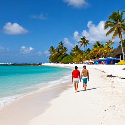 Caribbean Holidays, January British Virgin Islands, Couple walking along a quiet white-sand beach on Virgin Gorda in January, clear Caribbean water and palm trees