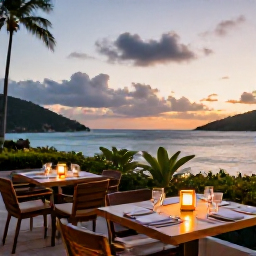 Caribbean Holidays, January British Virgin Islands, Elegant adults-only restaurant overlooking the Caribbean Sea at sunset in the British Virgin Islands, January evening