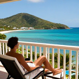 Caribbean Holidays, January British Virgin Islands, Relaxed traveller on an adults-only resort balcony overlooking turquoise water and green hills in the British Virgin Islands