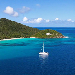 Caribbean Holidays, January British Virgin Islands, Sailing boat passing green islands and turquoise bays in the British Virgin Islands under clear January skies