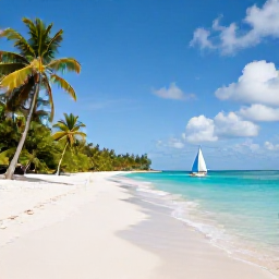 Caribbean Holidays, January Business Class, A tranquil Caribbean beach in the Grenadines with turquoise water, white sand, palm trees and a small sailing boat