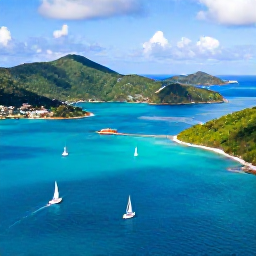 Caribbean Holidays, January Business Class, Aerial view of Tortola and neighbouring British Virgin Islands with turquoise water, sailing boats and green hills in January sunshine