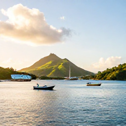 Caribbean Holidays, January Business Class, Bright January morning over Kingstown harbour and the green hills of Saint Vincent, with small boats on calm water