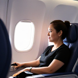 Caribbean Holidays, January Business Class, Business class passenger relaxing in a comfortable aircraft seat on a flight to the Caribbean, soft morning light, realistic travel photography