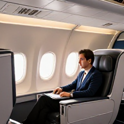 Caribbean Holidays, January Business Class, Business class passenger relaxing in a comfortable aircraft seat on a flight to Trinidad and Tobago, elegant cabin interior, warm natural light