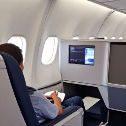 Caribbean Holidays, January Business Class, Business class traveller relaxing in a comfortable aircraft seat before a flight to the sunny Turks and Caicos Islands