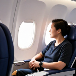 Caribbean Holidays, January Business Class, Business class traveller relaxing in a comfortable aircraft seat during a daytime flight to the Dominican Republic