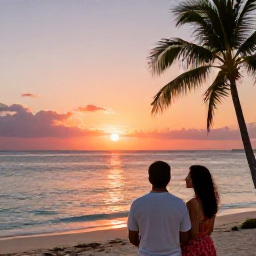 Caribbean Holidays, January Business Class, Couple watching a colourful Caribbean sunset from a beach on Saint Martin, calm sea, palm silhouettes, realistic travel photography