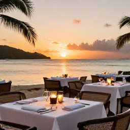 Caribbean Holidays, January Business Class, Elegant beachfront restaurant at sunset in the United States Virgin Islands with outdoor tables and Caribbean sea views