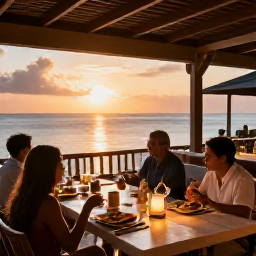 Caribbean Holidays, January Business Class, Elegant beachfront restaurant in Saint Vincent and the Grenadines at sunset, with diners enjoying local food and calm sea views