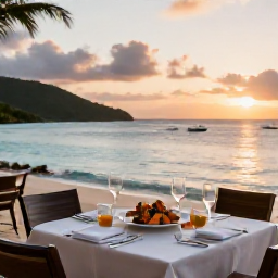Caribbean Holidays, January Business Class, Elegant beachfront restaurant in the British Virgin Islands at sunset, fresh seafood dinner, calm sea and warm evening light