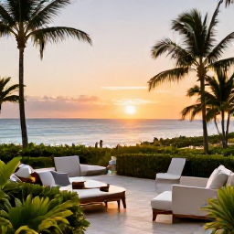 Caribbean Holidays, January Business Class, Elegant Caribbean hotel terrace overlooking a tropical garden and sea at sunset, relaxed luxury travel atmosphere