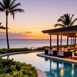 Caribbean Holidays, January Business Class, Elegant Dominican Republic resort with a pool, tropical gardens and a sophisticated outdoor restaurant at sunset