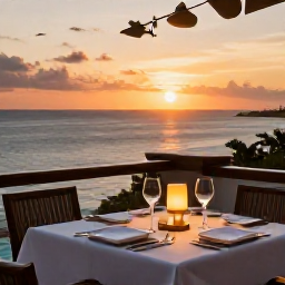 Caribbean Holidays, January Business Class, Elegant sunset dinner beside the sea in the Turks and Caicos Islands, with warm lighting and a relaxed atmosphere
