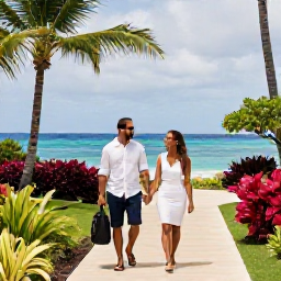 Caribbean Holidays, January Business Class, Happy couple arriving at a stylish Caribbean resort in Saint Vincent and the Grenadines, surrounded by tropical gardens and ocean views