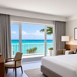 Caribbean Holidays, January Business Class, Luxury resort room in Providenciales with ocean views, elegant furnishings and a private balcony