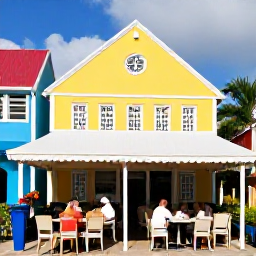 Caribbean Holidays, January Business Class, Outdoor caf&eacute; in Marigot with colourful buildings, French Caribbean food and a relaxed lunchtime atmosphere, realistic travel photography