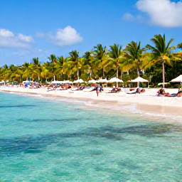 Caribbean Holidays, January Business Class, Sunny January beach in Punta Cana, Dominican Republic, with clear turquoise water, palm trees and relaxed holidaymakers